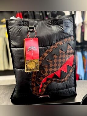 Sprayground Black Tote with Red Shark and Brown Checker Accent